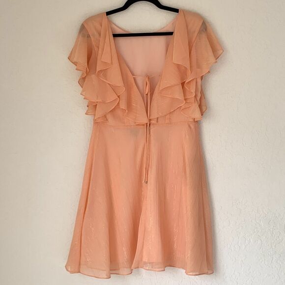 Halston Dress Women 2 Pink Peach Gold Shimmer Flutter Flowy Preppy Wedding $179 - Picture 2 of 10